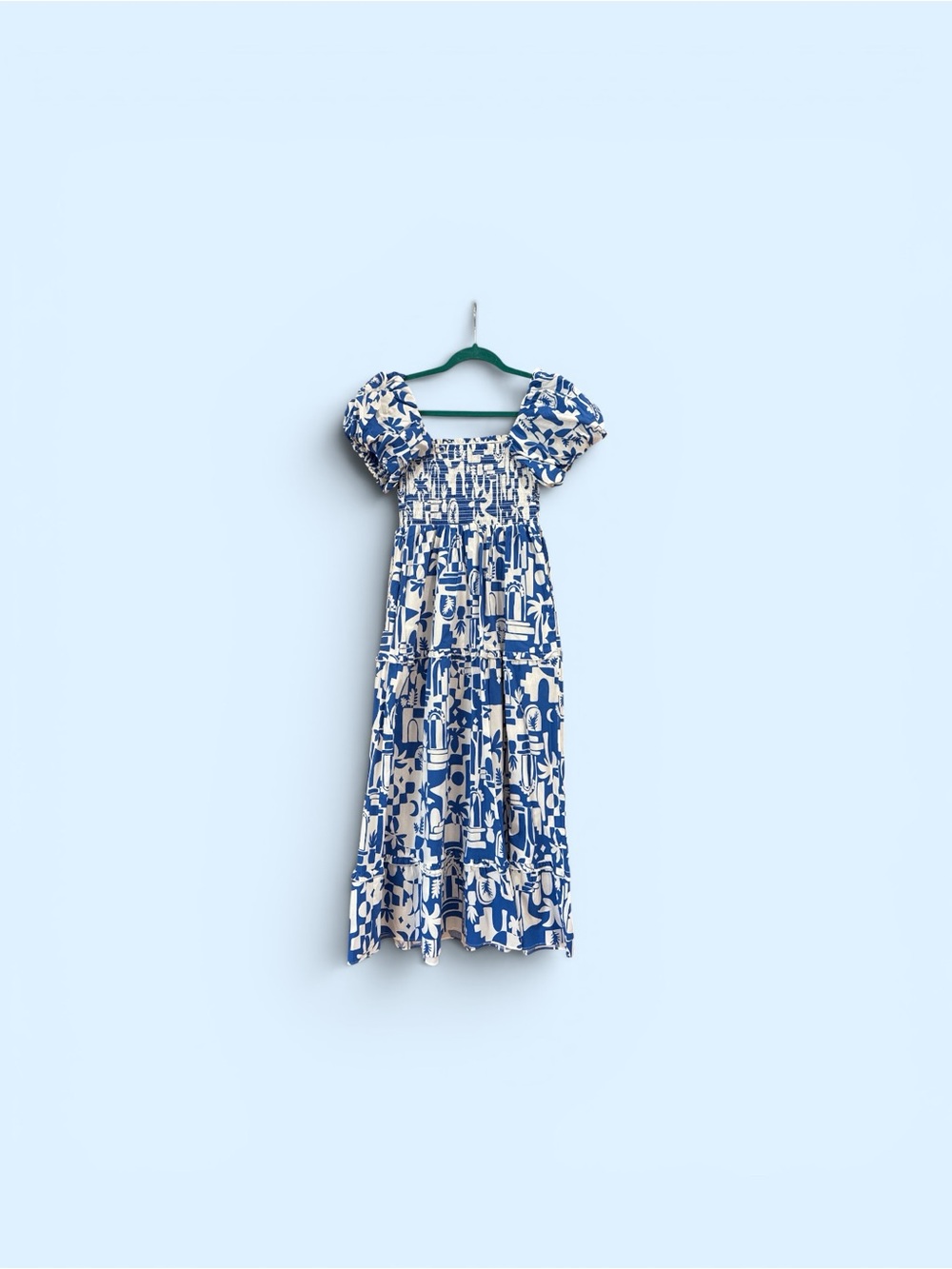 Girls Blue and White Printed Puff-Sleeve Dress